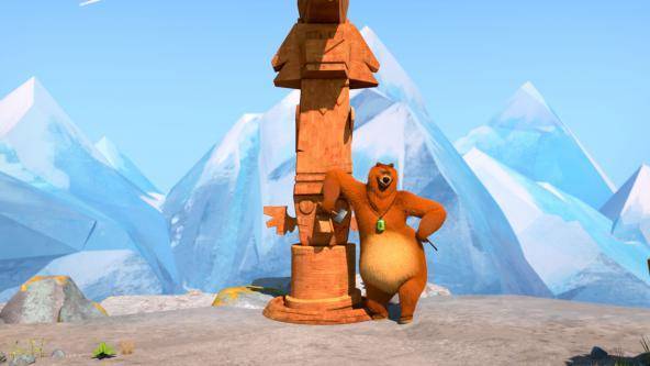 Grizzy beobachtet, wie die Bärendame die Holzstatue anhimmelt. Kurzer Hand beschließt er, seiner Angebeteten eine noch viel schönere Statue zu schnitzen.