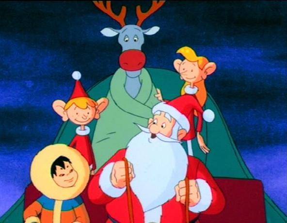 Der Weihnachtsmann und seine Helfer haben Rentier Rudolph und den Eskimo-Jungen vor den Woelfen gerettet.