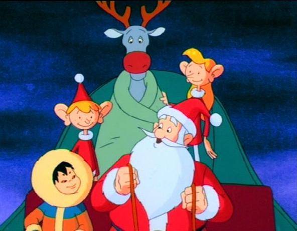 Der Weihnachtsmann und seine Helfer haben Rentier Rudolph und den Eskimo-Jungen vor den Woelfen gerettet.